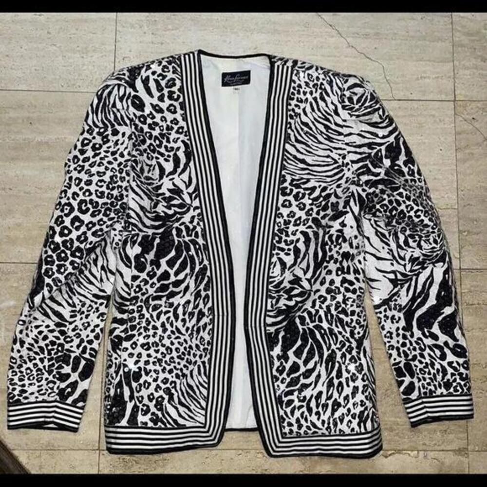 Vintage Karen‎ Lawrence by Matthew Jacket Metallic Black White Sequin Size 10